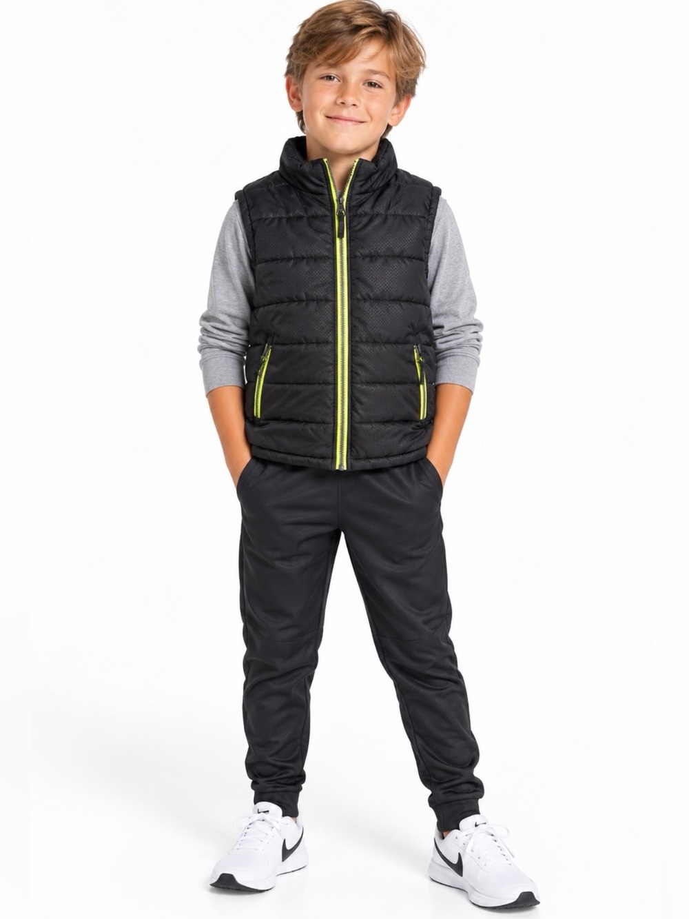 iXtreme Boy’s 10/12 Quilted Black Puffer Vest with Neon Yellow Zippers